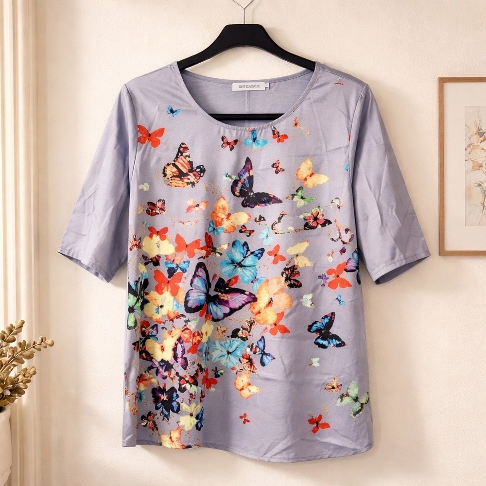 Misslook L Womens‎ Butterfly Garden Print Short Sleeve Top Gray Multi Color